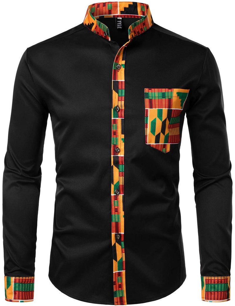 ZEROYAA Men's Hipster Patchwork Design Slim Fit Long Sleeve Button up Mandarin Collar Shirts ZZCL46 Black Medium - Image 1
